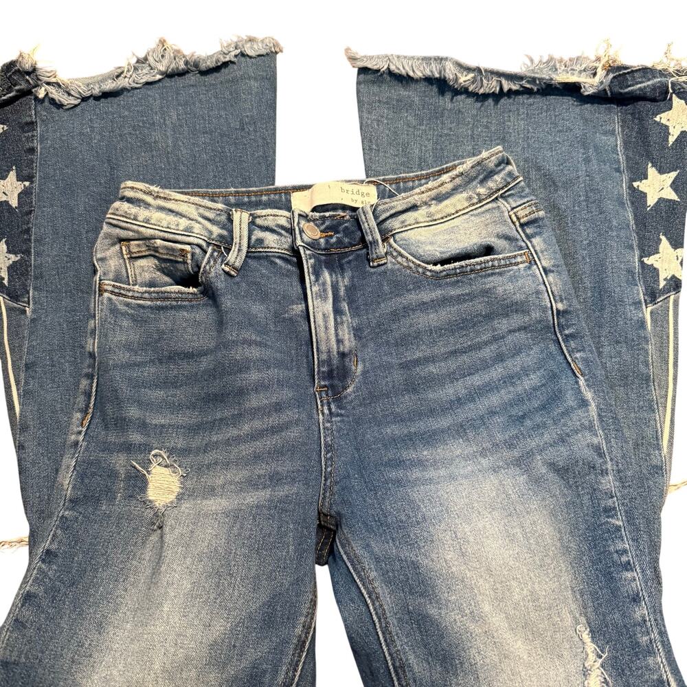 Bridge by GLY High Rise Super Flare Patriotic Jeans, Star Distressed, Size 27 - Picture 5 of 9